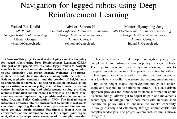 Legged robot navigation project report cover